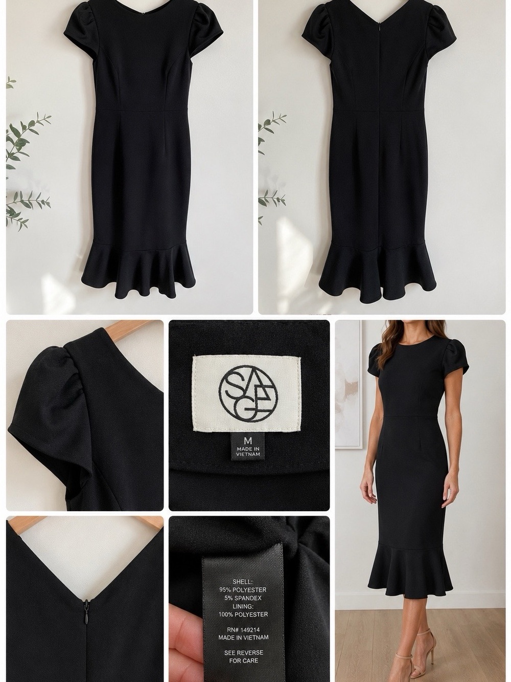 Sage Black Puff-Sleeve Ruffle-Hem Midi Dress